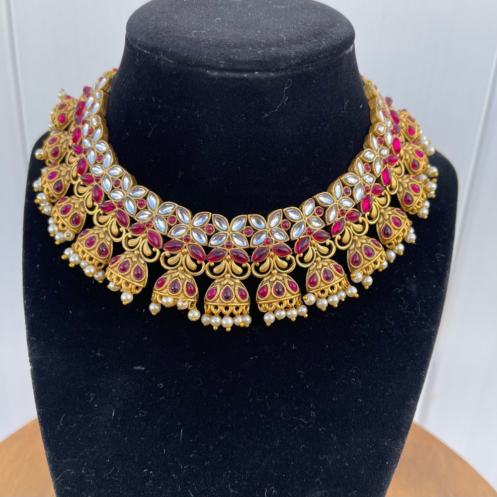 Gold Plated Pink Kundan & Pearl Choker Necklace Set for Women - Picture 3 of 12